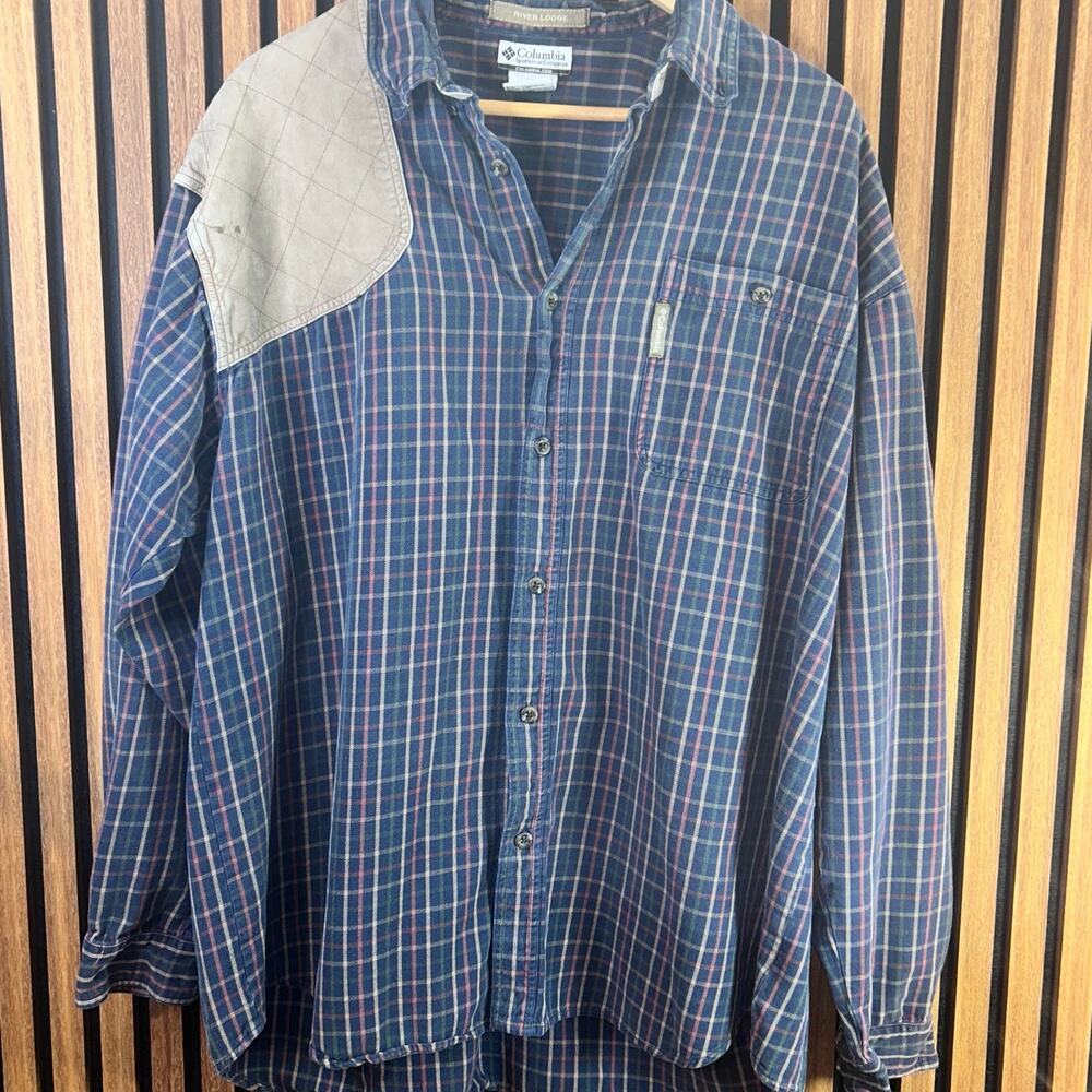 Columbia River Plaid Flannel Shirt Mens XXL Blue Green Button Down Hunting Patch
